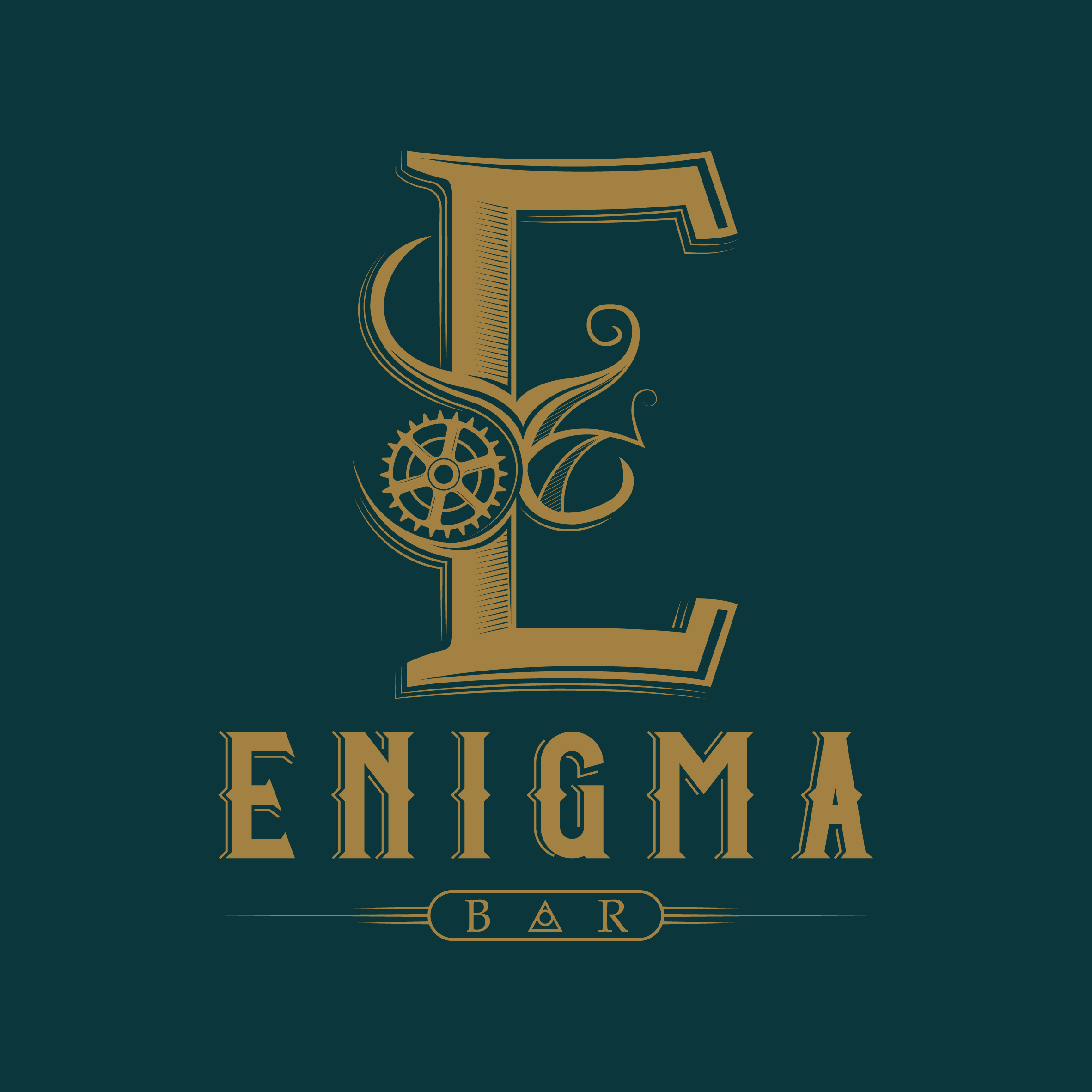 Logo Enigma color, oro sobre teal